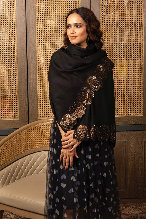 Moonlit Bloom | Embroidered Wool Silk Stole