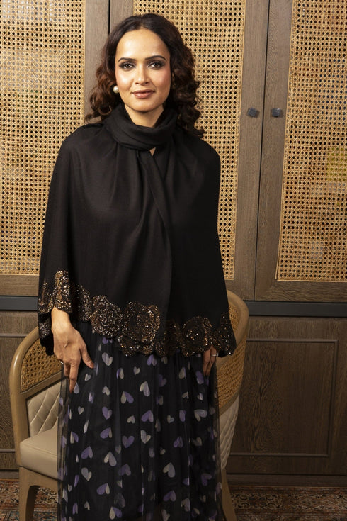 Moonlit Bloom | Embroidered Wool Silk Stole