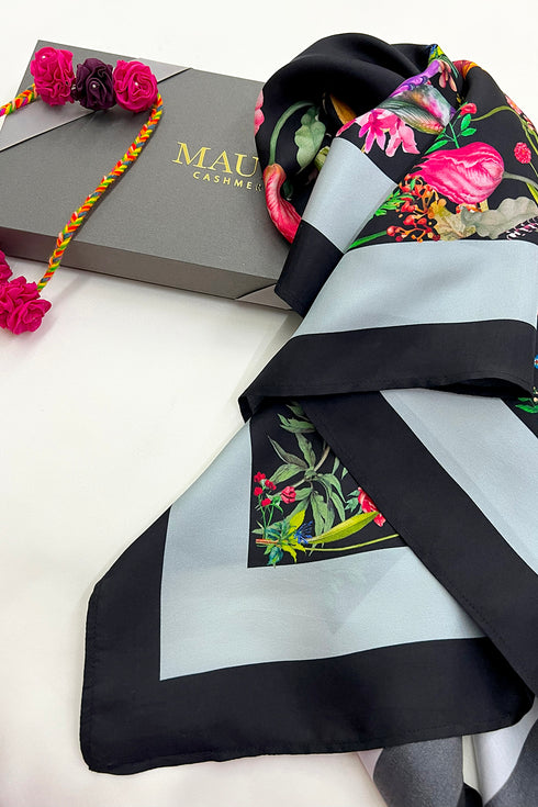 Plitvice Twilight | Pure Silk Twill Scarf with Handmade Rakhi