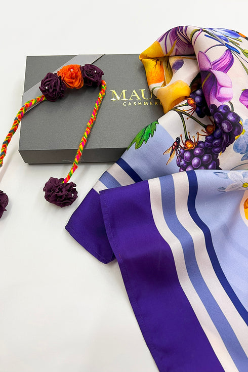 Sula Blossom | Pure Silk Twill Scarf with Handmade Rakhi