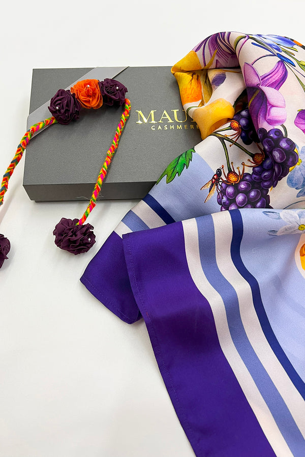 Sula Blossom | Pure Silk Twill Scarf with Handmade Rakhi
