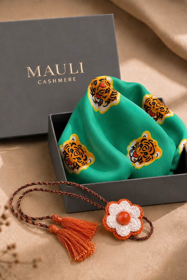 Roar Royale | Pure Silk Pocket Square with a Handmade Rakhi