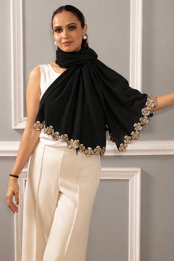 Dancing Crystal Petals | Embroidered Wool Silk Stole