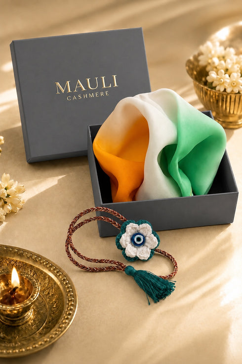 Tiranga Bloom | Pure Silk Pocket Square with a Handmade Rakhi