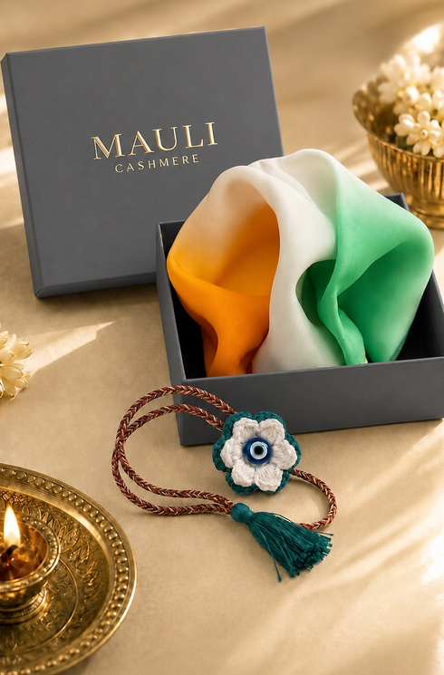 Tiranga Bloom | Pure Silk Pocket Square with a Handmade Rakhi