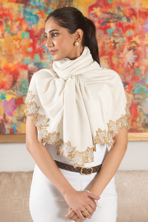 Crystal Lotus Royale | Embroidered Wool Silk Stole