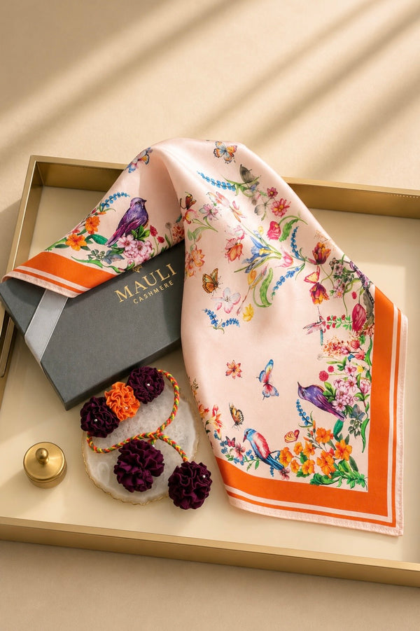 Croatian Dawn| Pure Silk Twill Scarf with Handmade Rakhi