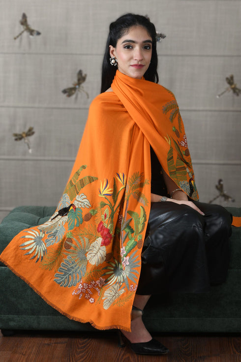 A Toucan's Day | Embroidered Fine Merino Wool Stole