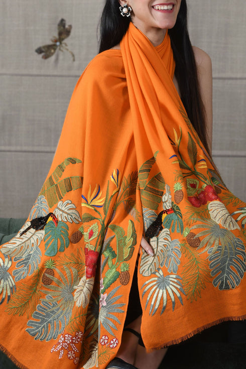 A Toucan's Day | Embroidered Fine Merino Wool Stole
