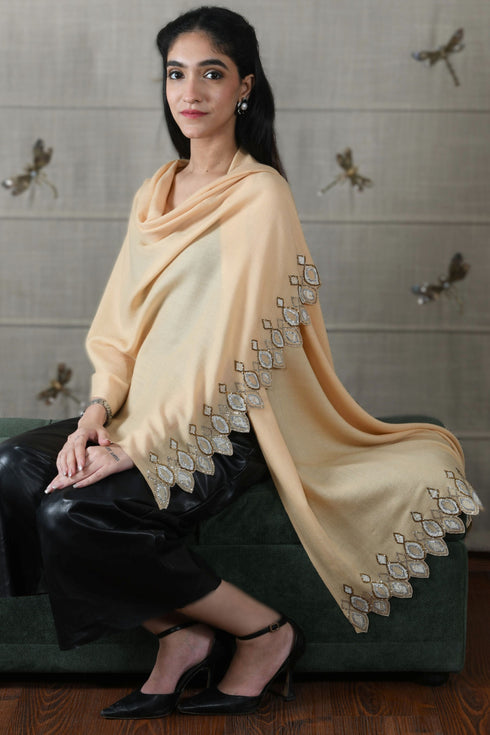Crystal Cascade Danglers | Embroidered Wool Silk Stole Beige