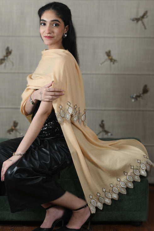 Crystal Cascade Danglers | Embroidered Wool Silk Stole Beige