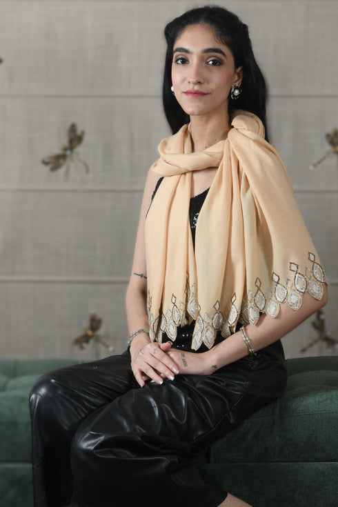 Crystal Cascade Danglers | Embroidered Wool Silk Stole Beige