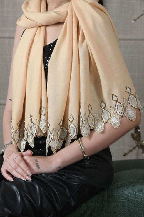 Crystal Cascade Danglers | Embroidered Wool Silk Stole Beige