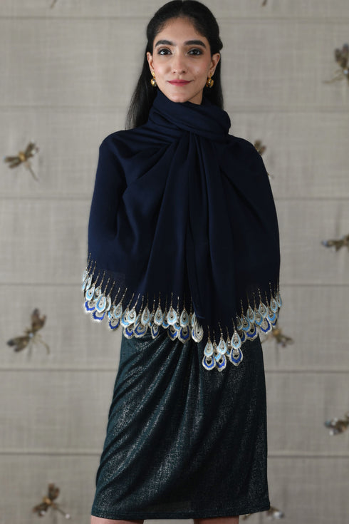 Peacock Teardrop Sparkle | Embroidered Wool Silk Stole