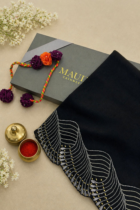 Majestic Wave | Embroidered Wool Silk Stole with Handmade Rakhi