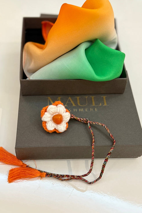 Tiranga Bloom | Pure Silk Pocket Square with a Handmade Rakhi