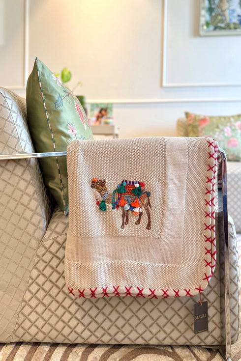 The Camel Caravan | Embroidered Cotton Knit Blanket Beige