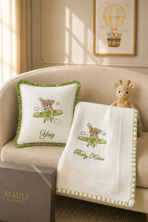 Baby Teddy & the Airplane Ride |Personalized Baby Blanket with Cushion
