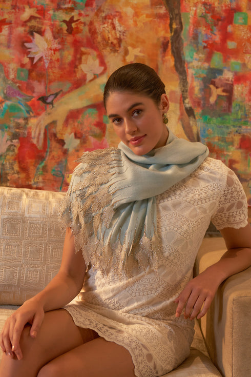 Leafy Sparkle Royal | Embroidered Fine Merino Wool Stole