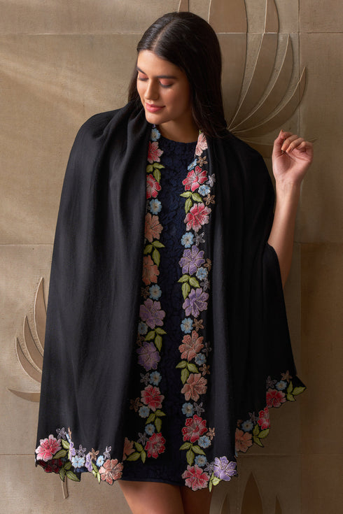 Floral Sprinkle Embroidered Wool Silk Stole