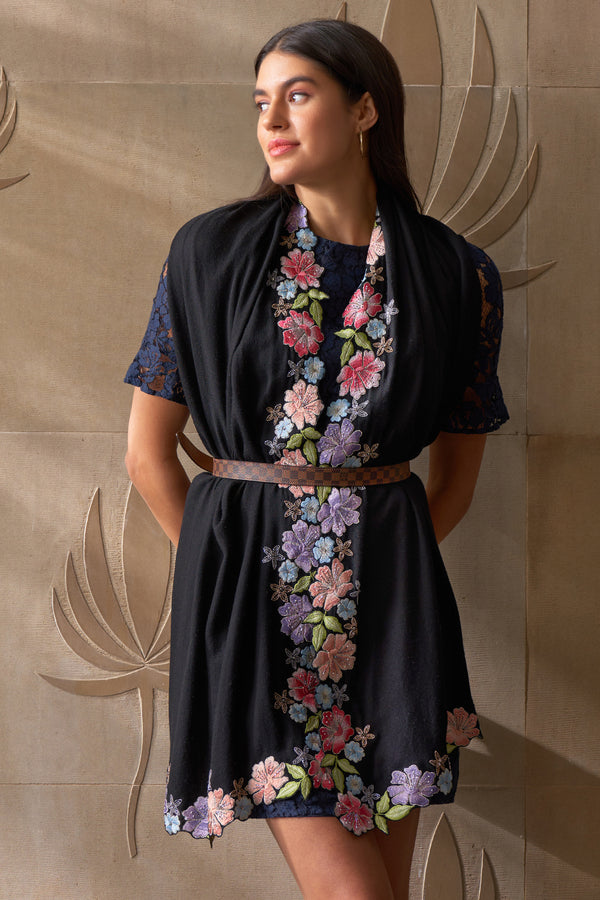 Floral Sprinkle Embroidered Wool Silk Stole