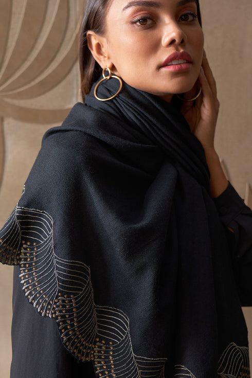 Majestic Wave | Embroidered Wool Silk Stole with Handmade Rakhi