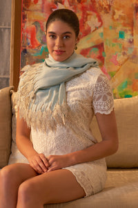 Leafy Sparkle Royal | Embroidered Fine Merino Wool Stole