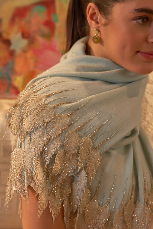 Leafy Sparkle Royal | Embroidered Fine Merino Wool Stole