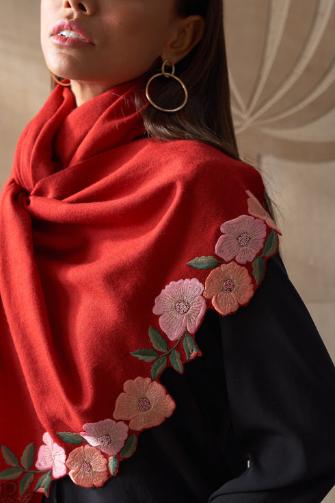 Garden Fringe | Embroidered Wool Silk Stole