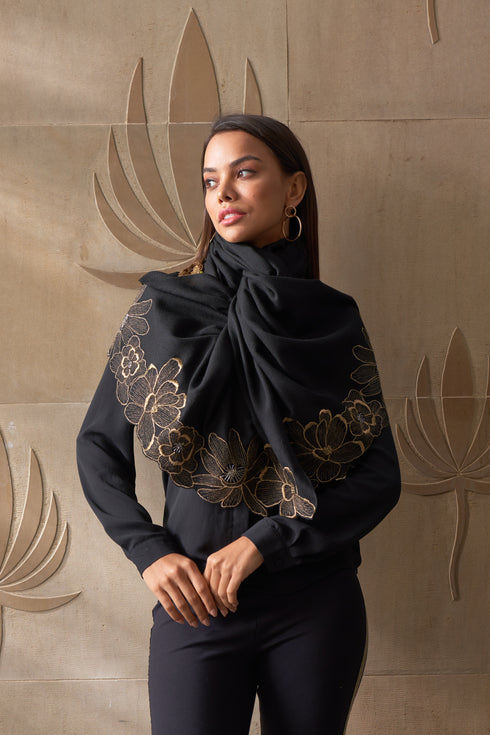 Magnolia Bloom | Embroidered Wool Silk Stole