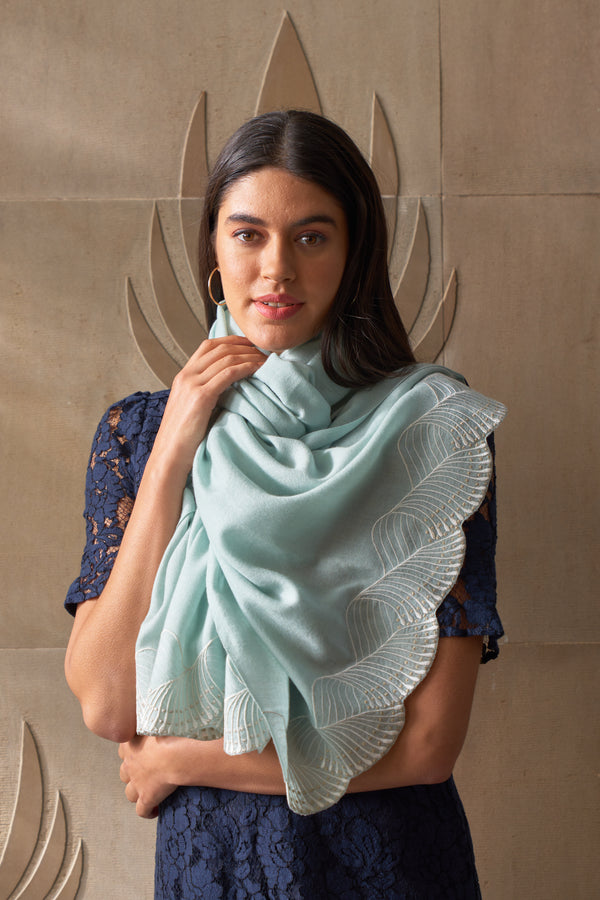 Majestic Wave | Embroidered Wool Silk Stole