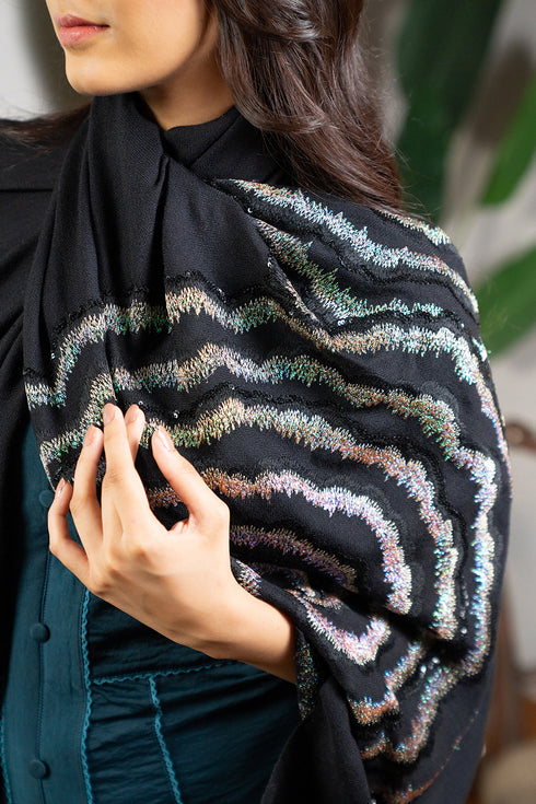 Twilight Shimmer | Embroidered Wool Silk Stole