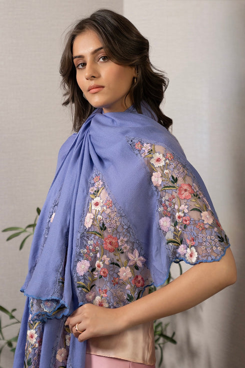 Rose Blossom Flounce | Embroidered Wool Silk Stole