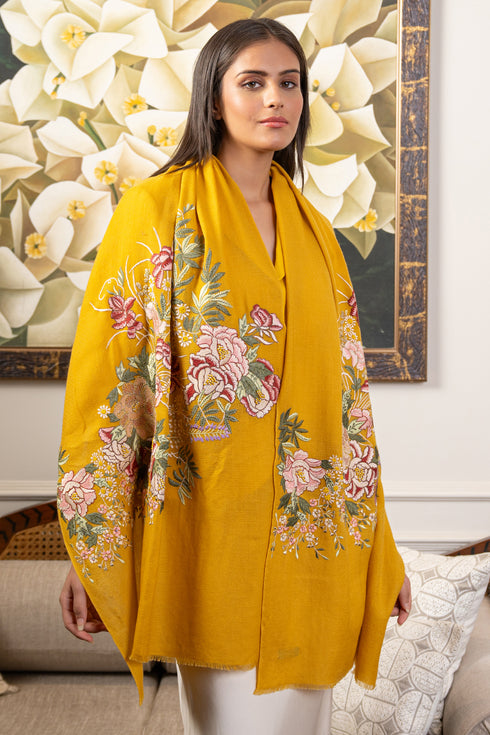 Symphony Bloom | Embroidered Fine Merino Wool Stole