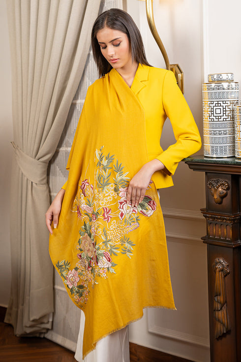 Symphony Bloom | Embroidered Fine Merino Wool Stole