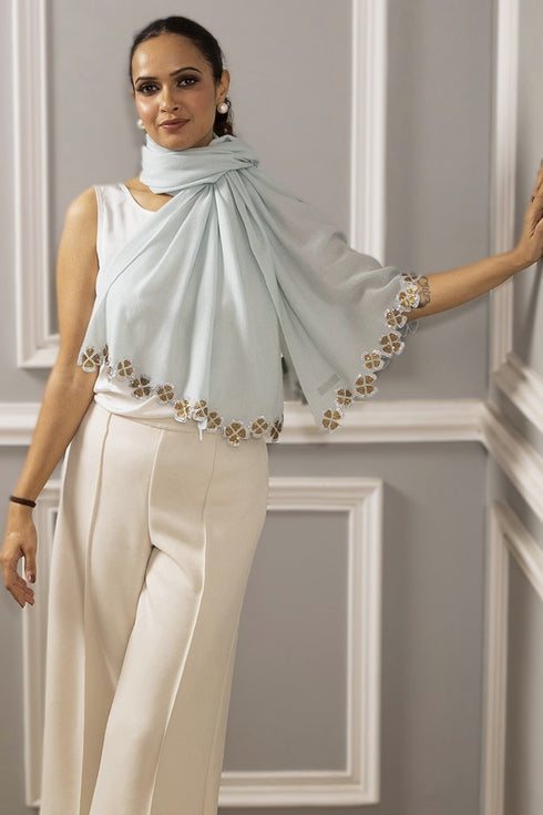 Dancing Crystal Petals | Embroidered Wool Silk Stole