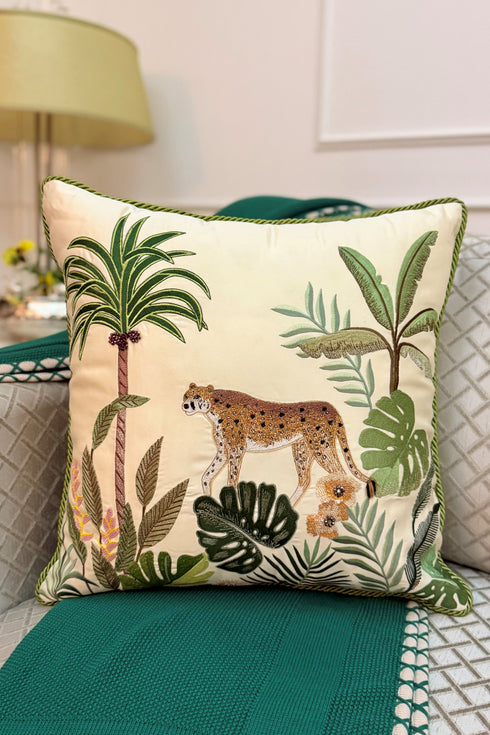 The Cheetah’s Regal Prowl | Embroidered Cushion Cover