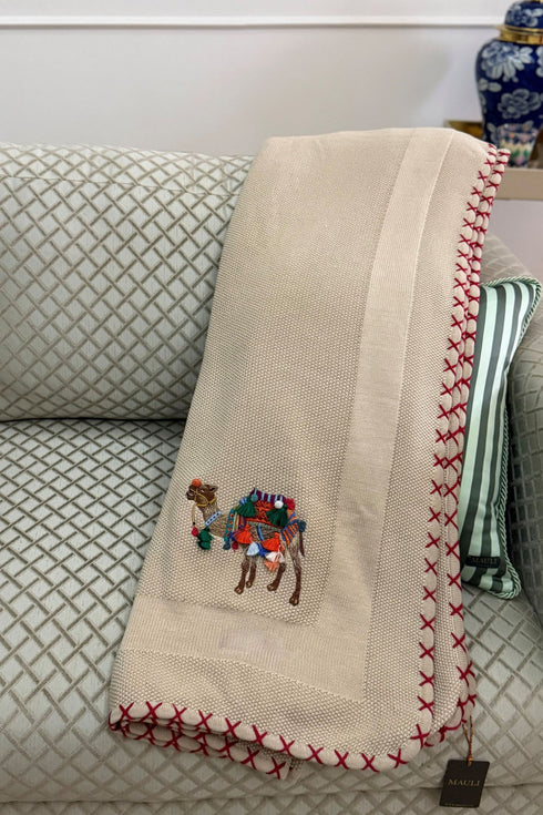 The Camel Caravan | Embroidered Cotton Knit Blanket Beige
