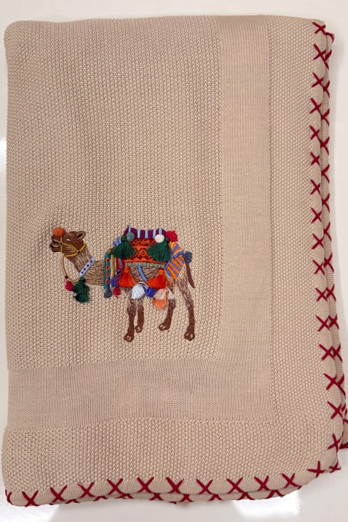 The Camel Caravan | Embroidered Cotton Knit Blanket Beige
