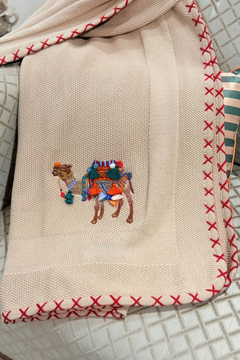 The Camel Caravan | Embroidered Cotton Knit Blanket Beige