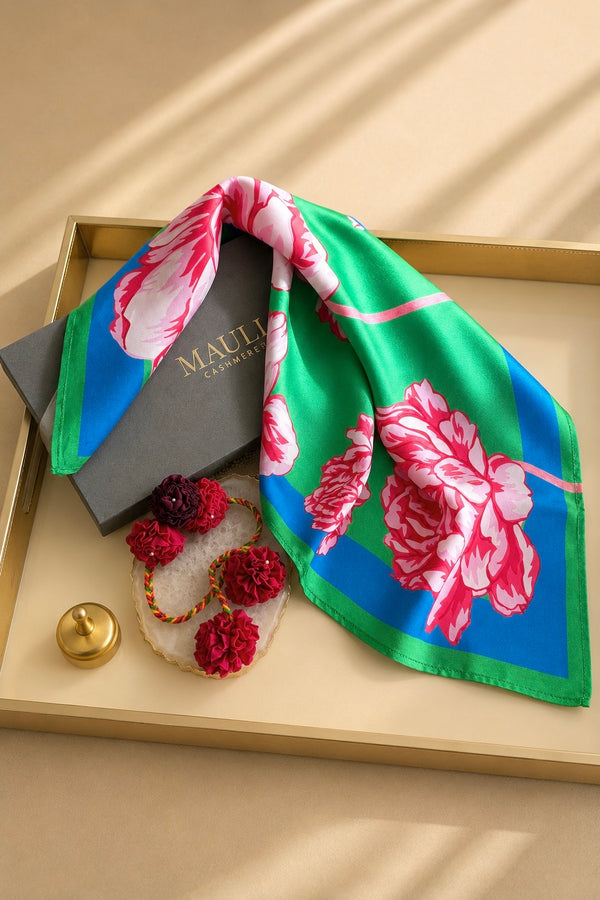 Como Peony | Pure Silk Twill Scarf with Handmade Rakhi