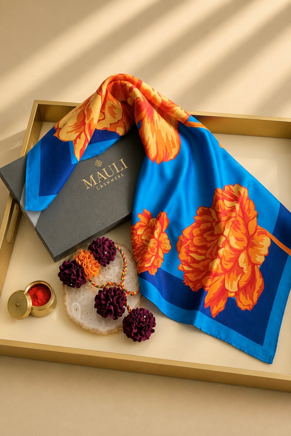 Como Sunset| Pure Silk Twill Scarf with Handmade Rakhi