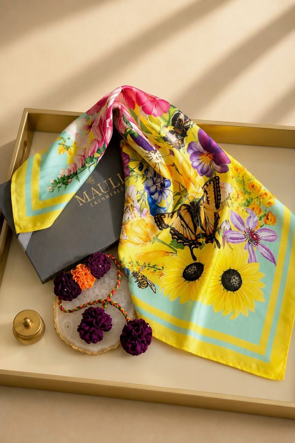 Sula Garden| Pure Silk Twill Scarf with Handmade Rakhi