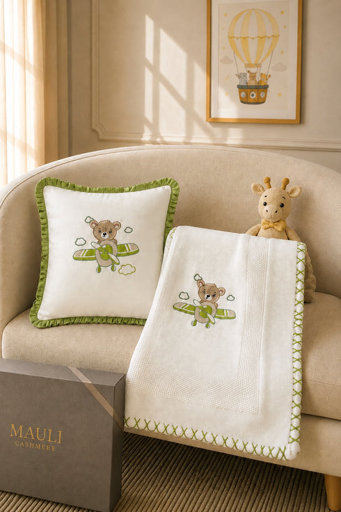Baby Teddy & the Airplane Ride |Personalized Baby Blanket with Cushion
