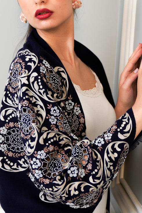 Floral Crest Embroidered Wool Silk Stole