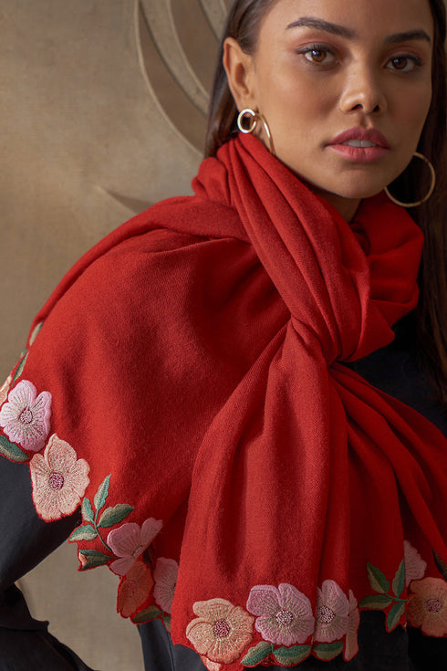 Garden Fringe Embroidered Wool Silk Stole