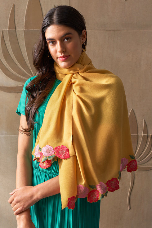 Garden Fringe Embroidered Wool Silk Stole