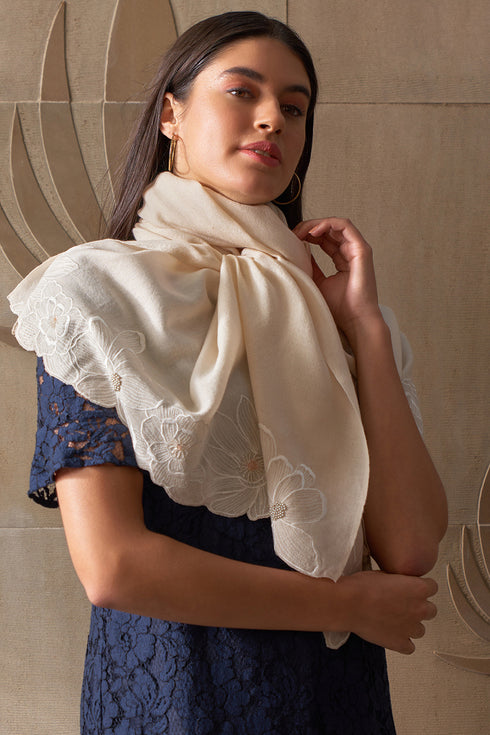 Magnolia Bloom Embroidered Wool Silk Stole