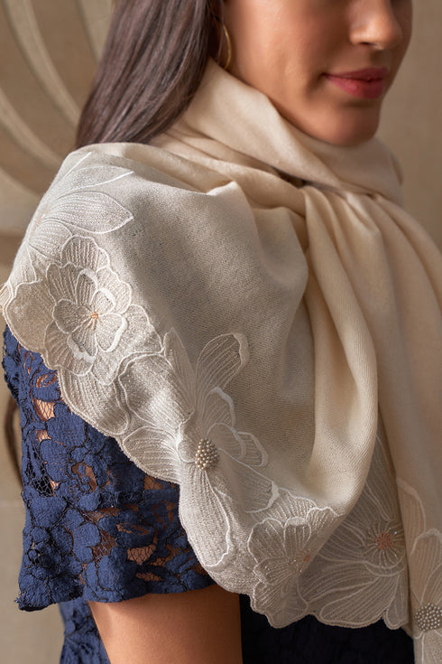 Magnolia Bloom Embroidered Wool Silk Stole