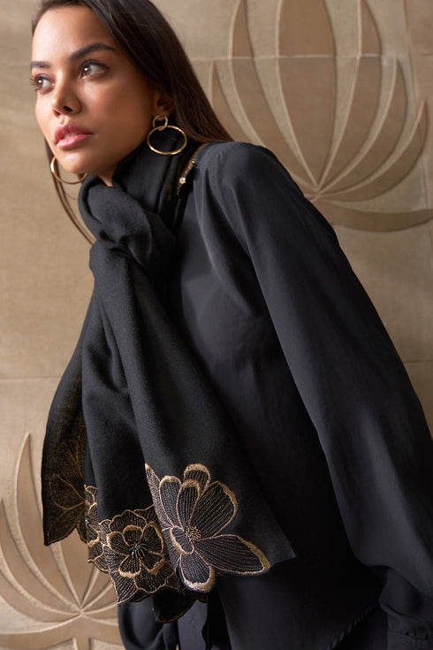 Magnolia Bloom Embroidered Wool Silk Stole